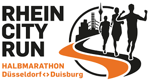 Logo des Rhein City Run Halbmarathon mit Piktogramm von Läufern in Schwarz
