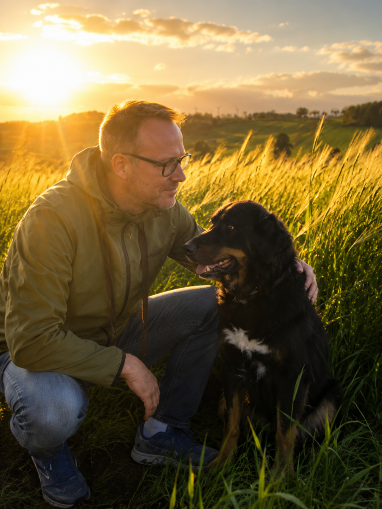 Lachender Mann in grüner Jacke kniet bei schwarzem Hund im Sonnenschein