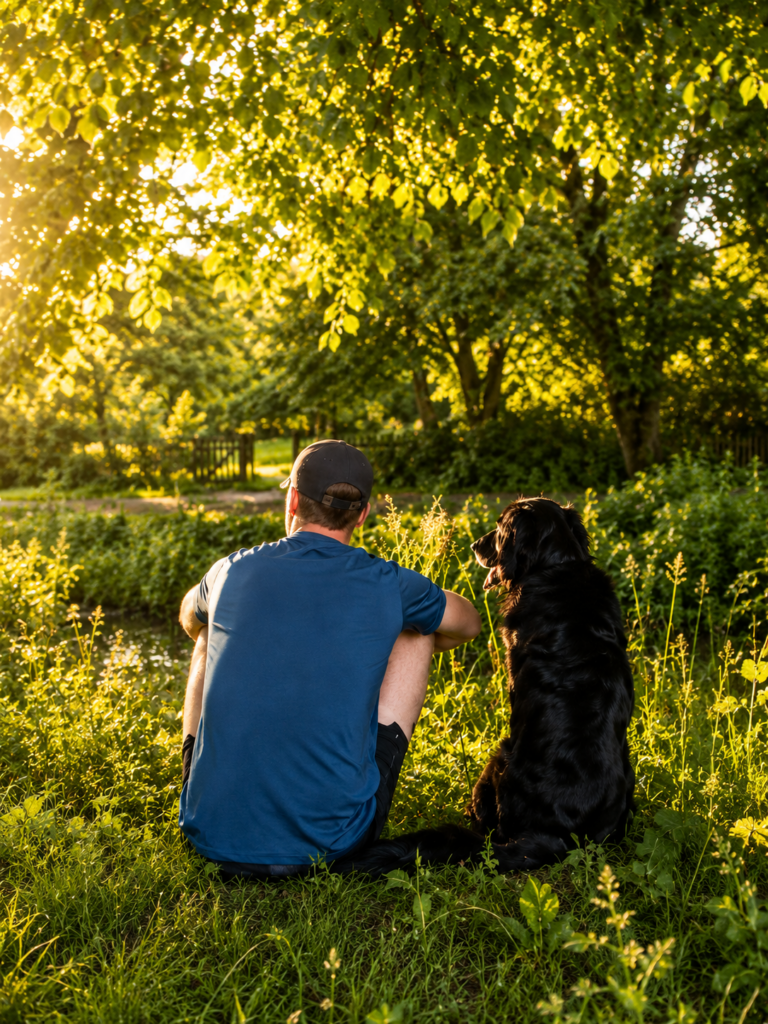 Mann in blauem Shirt sitzt entspannt mit schwarzem Hund im Sonnengrün
