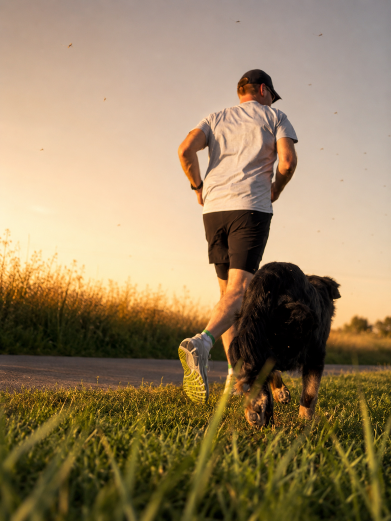 Mann läuft entspannt im Abendlicht mit schwarzem Hund auf Feldweg