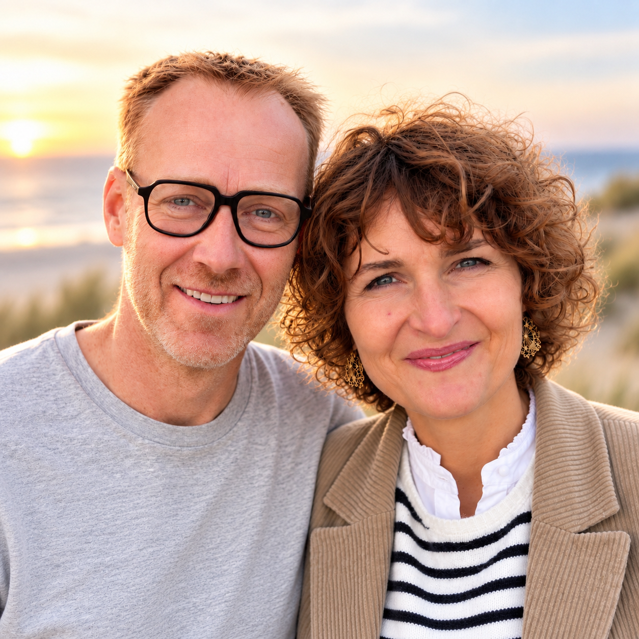 Laechelndes Paar am Strand bei Sonnenuntergang, Mann mit Brille, Frau mit Locken