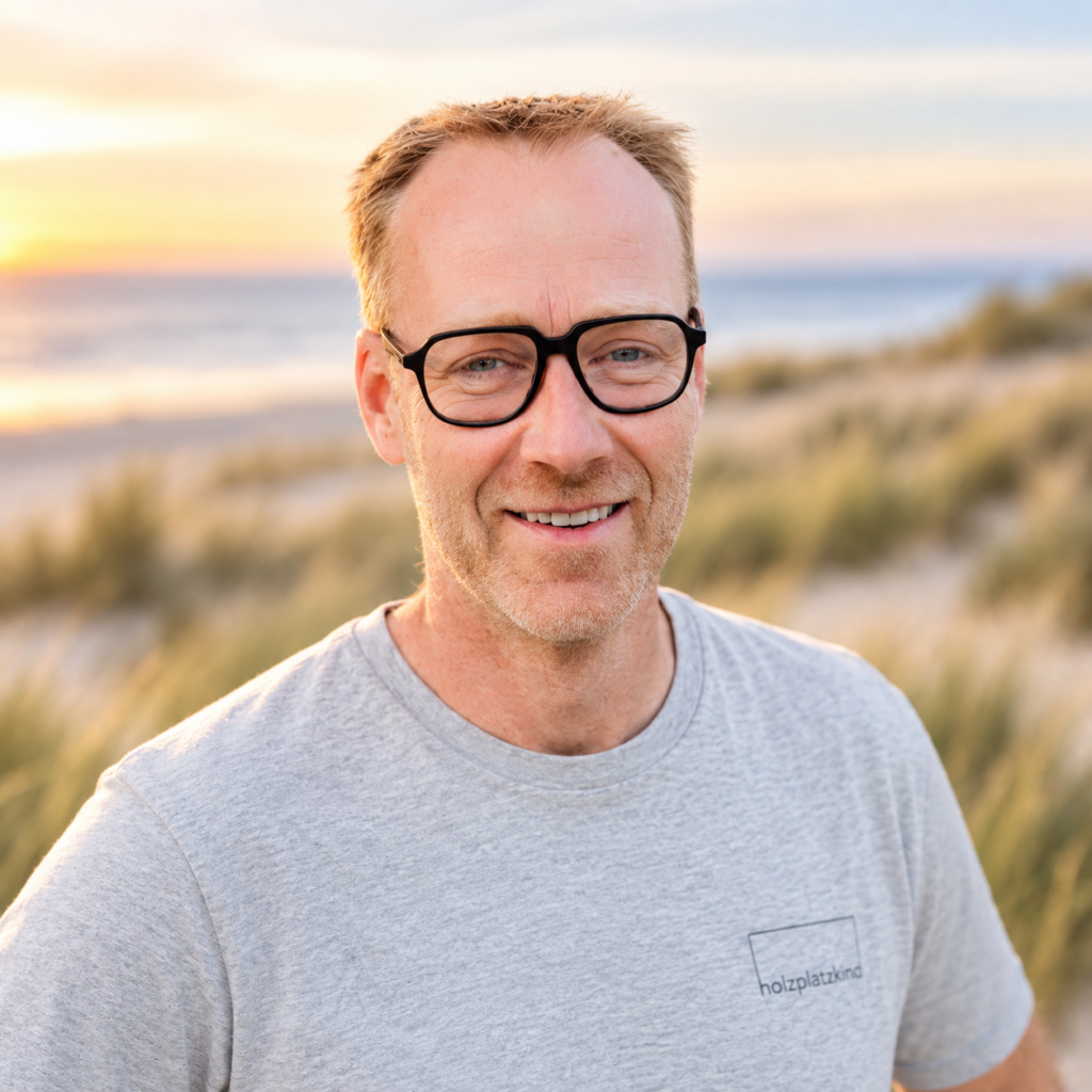 Laechelnder Mann mit Brille im grauen Shirt am Strand bei Sonnenuntergang